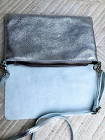 Small leather bag in SILVER. Cross body bag, shoulder bag in GENUINE leather. Metallic shine bag with adjustable strap, zipper and flap.