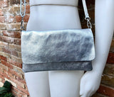 Small leather bag in SILVER. Cross body bag, shoulder bag in GENUINE leather. Metallic shine bag with adjustable strap, zipper and flap.