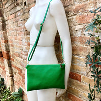 Small leather bag in GREEN .Cross body bag, shoulder bag or wristlet in GENUINE leather. GREEN bag with adjustable strap. Green purse.