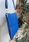 Small leather bag in dark cobalt BLUE. Crossbody / shoulder bag /wristlet in GENUINE leather. Royal blue purse with adjustable strap.