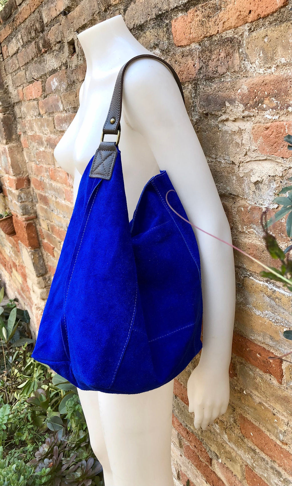 Slouch leather bag in cobalt BLUE genuine leather. Soft suede hobo bag for books / tablets. Blue soft leather shopper. Brown strap