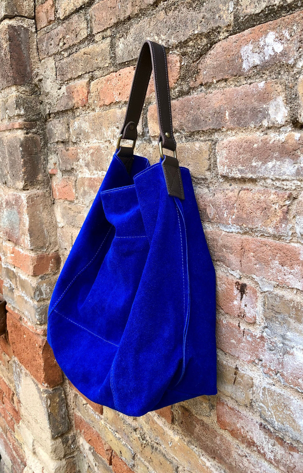Slouch leather bag in cobalt BLUE genuine leather. Soft suede hobo bag for books / tablets. Blue soft leather shopper. Brown strap
