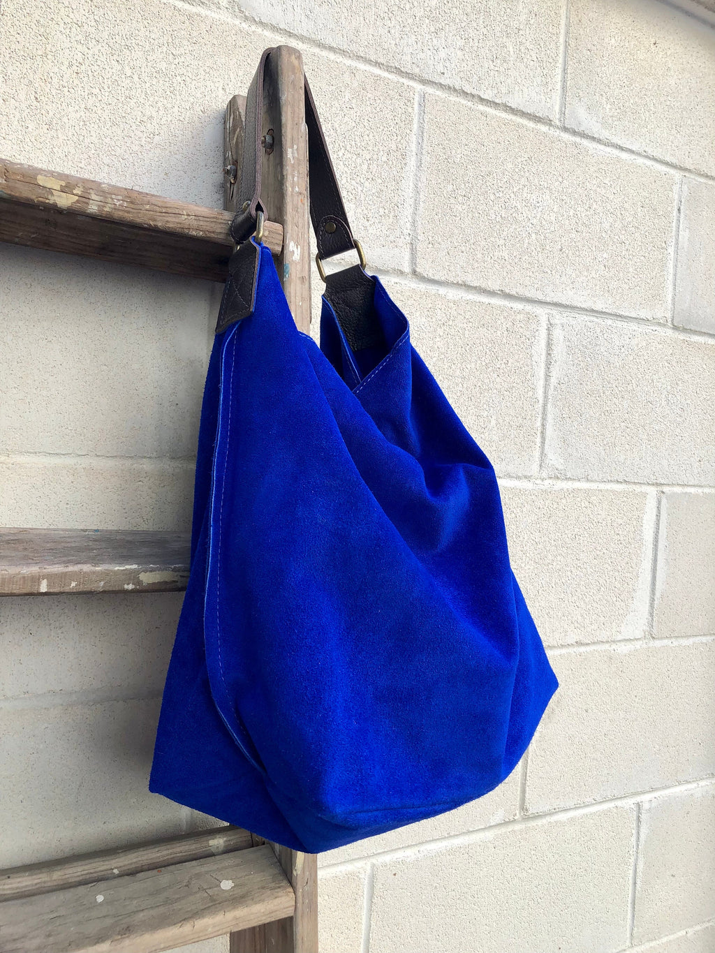 Slouch leather bag in cobalt BLUE genuine leather. Soft suede hobo bag for books / tablets. Blue soft leather shopper. Brown strap