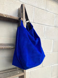 Slouch leather bag in cobalt BLUE genuine leather. Soft suede hobo bag for books / tablets. Blue soft leather shopper. Brown strap