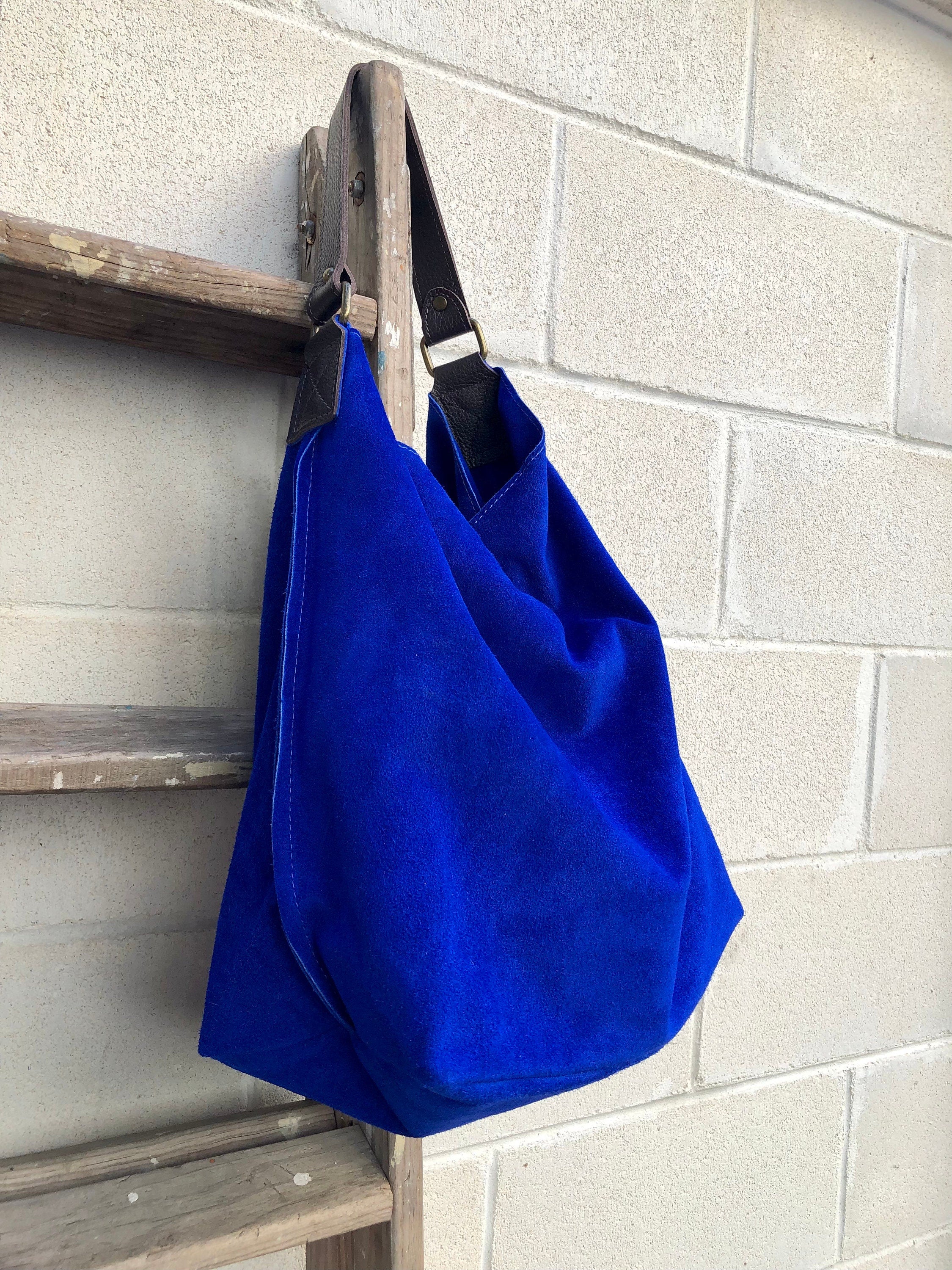 Slouch leather bag in cobalt BLUE genuine leather. Soft suede hobo bag for books / tablets. Blue soft leather shopper. Brown strap