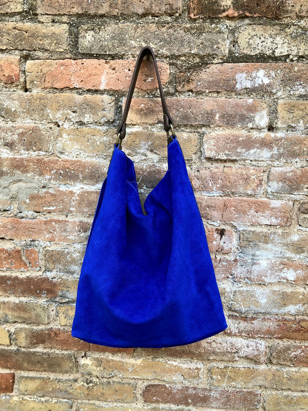 Slouch leather bag in cobalt BLUE genuine leather. Soft suede hobo bag for books / tablets. Blue soft leather shopper. Brown strap