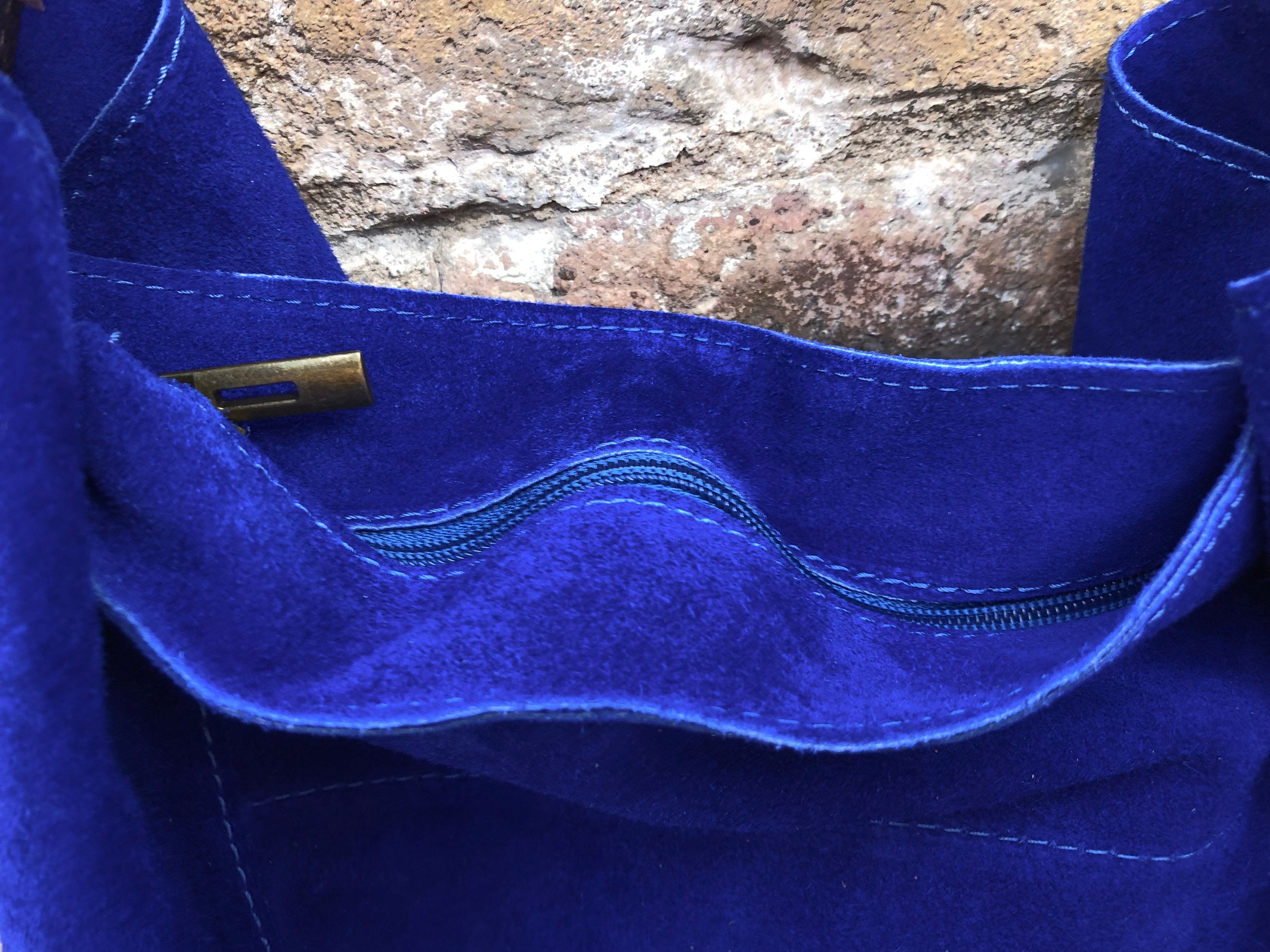 Slouch leather bag in cobalt BLUE genuine leather. Soft suede hobo bag for books / tablets. Blue soft leather shopper. Brown strap