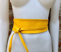 Obi belt in soft leather. Wrap belt in BRIGHT YELLOW. Waist belt in yellow. Yellow wraparound or dress belt. Yellow sash. Boho leather belt