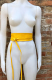 Obi belt in soft leather. Wrap belt in BRIGHT YELLOW. Waist belt in yellow. Yellow wraparound or dress belt. Yellow sash. Boho leather belt