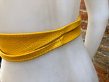 Obi belt in soft leather. Wrap belt in BRIGHT YELLOW. Waist belt in yellow. Yellow wraparound or dress belt. Yellow sash. Boho leather belt