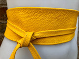 Obi belt in soft leather. Wrap belt in BRIGHT YELLOW. Waist belt in yellow. Yellow wraparound or dress belt. Yellow sash. Boho leather belt