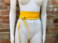 Obi belt in soft leather. Wrap belt in BRIGHT YELLOW. Waist belt in yellow. Yellow wraparound or dress belt. Yellow sash. Boho leather belt