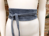 DENIM blue suede waist belt. Blue - gray wrap belt. Soft dress belt in natura genuinel suede leather. Blue - gray wraparound belt