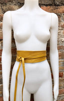 Obi belt in soft leather. Wrap belt in MUSTARD YELLOW. Waist belt in yellow. Mustard color wraparound belt. Yellow sash. Ibiza boho belts