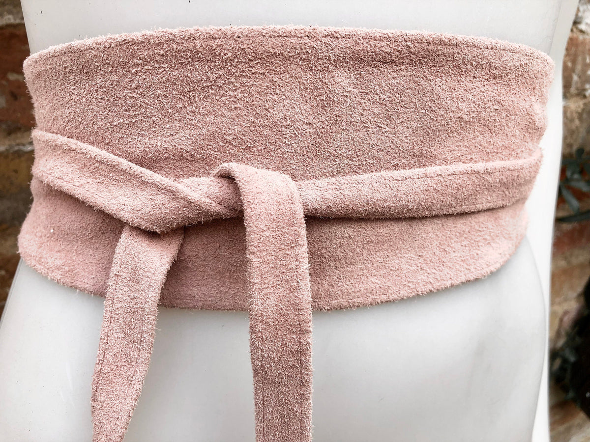 Pink suede OBI belt. Genuine soft leather wrap belt. Light pink wrap belt, boho waist belt. Soft pink suede dress / overall belt