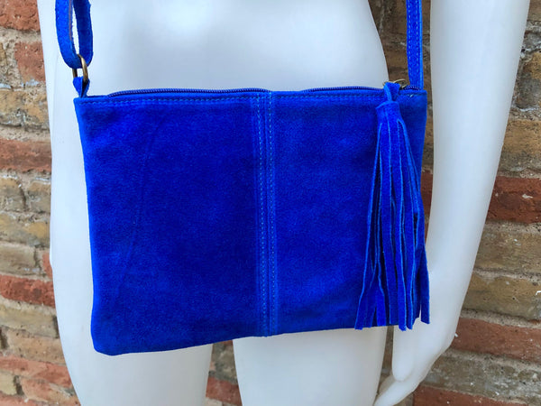 Small suede leather bag in BLUE. Boho crossbody or shoulder bag in GENUINE leather. Cross over bag with zipper. tassel and adjustable strap