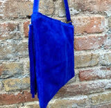 Small suede leather bag in BLUE. Boho crossbody or shoulder bag in GENUINE leather. Cross over bag with zipper. tassel and adjustable strap