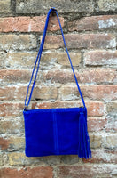 Small suede leather bag in BLUE. Boho crossbody or shoulder bag in GENUINE leather. Cross over bag with zipper. tassel and adjustable strap