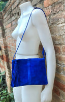 Small suede leather bag in BLUE. Boho crossbody or shoulder bag in GENUINE leather. Cross over bag with zipper. tassel and adjustable strap