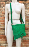 GREEN suede leather bag. Soft natural suede, genuine leather bag. Green messenger with zipper, flap and adjustable strap.