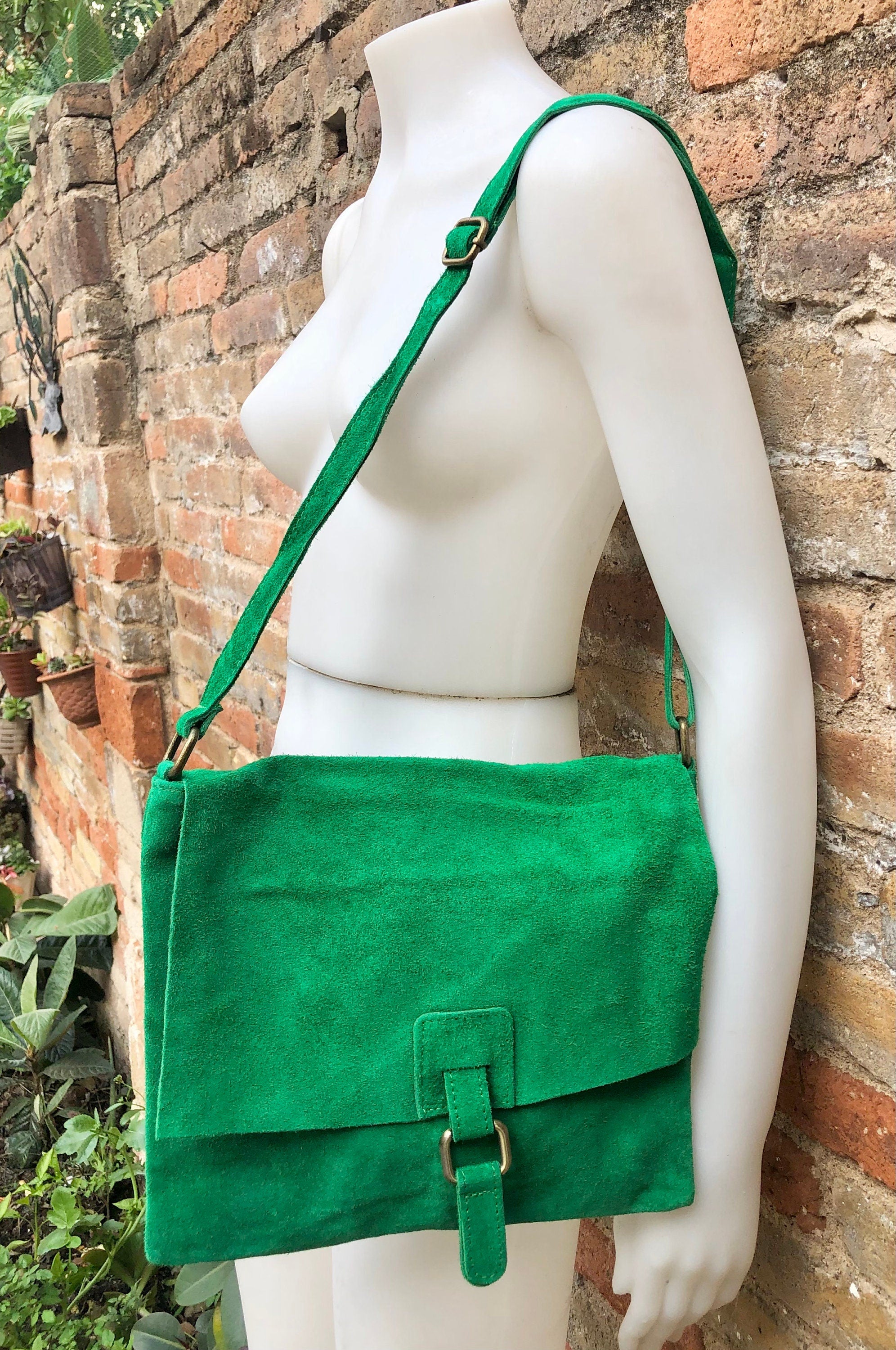 GREEN suede leather bag. Soft natural suede, genuine leather bag. Green messenger with zipper, flap and adjustable strap.