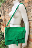 GREEN suede leather bag. Soft natural suede, genuine leather bag. Green messenger with zipper, flap and adjustable strap.