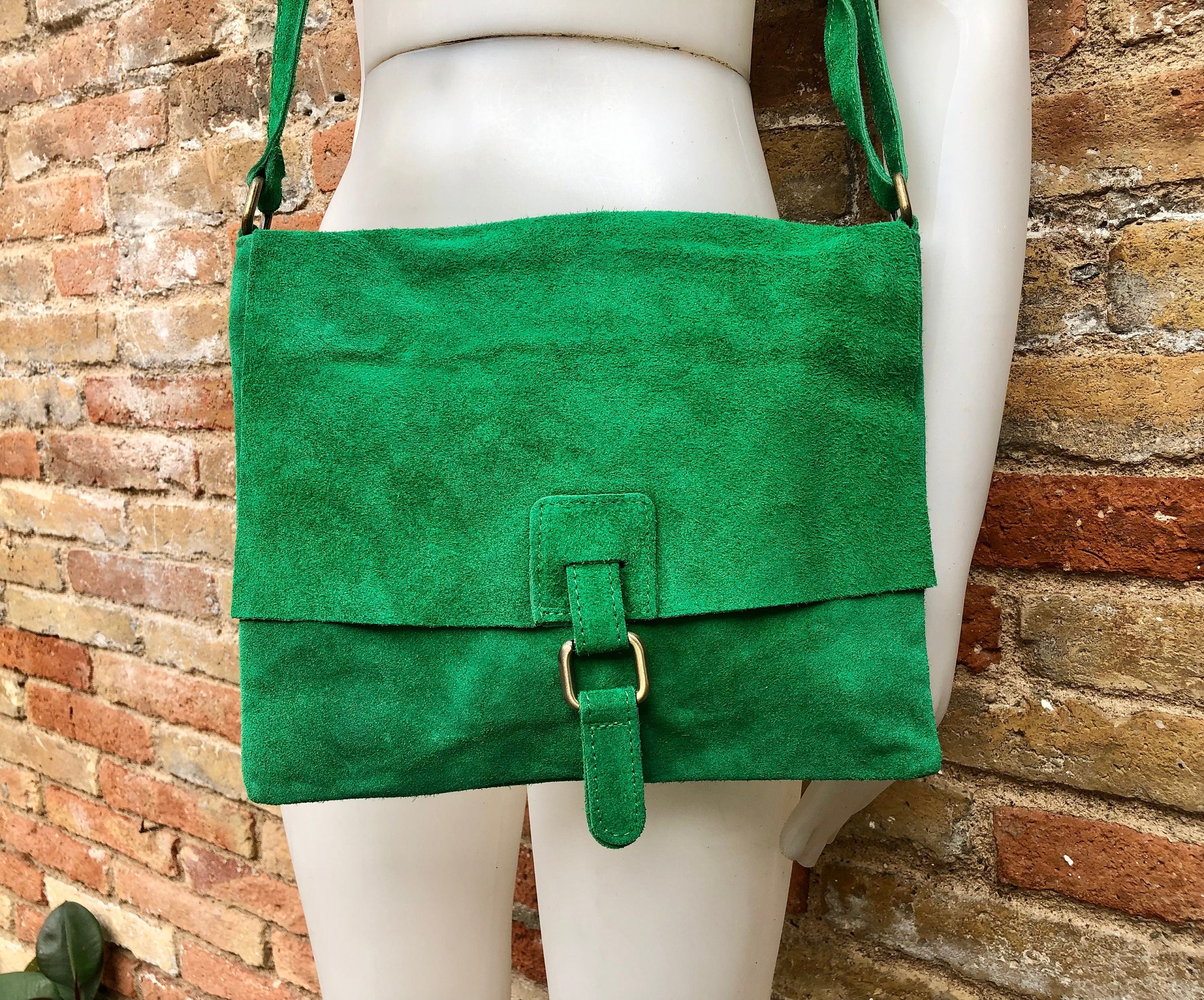 GREEN suede leather bag. Soft natural suede, genuine leather bag. Green messenger with zipper, flap and adjustable strap.