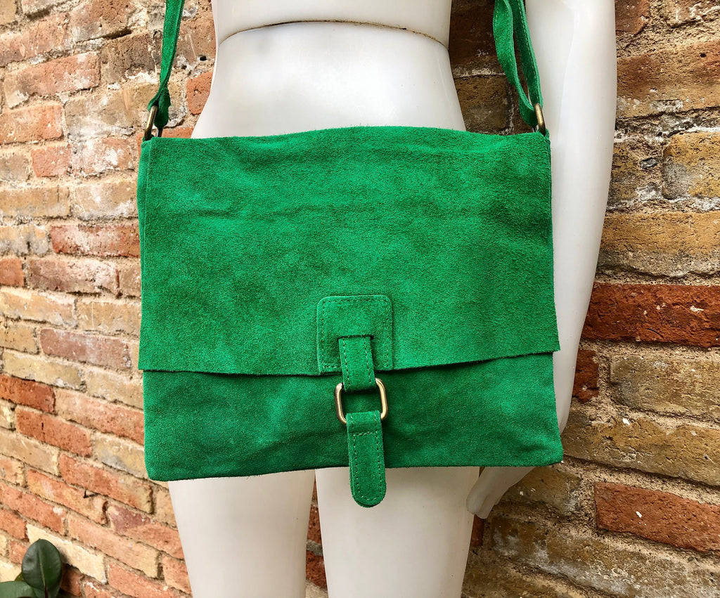 GREEN suede leather bag. Soft natural suede, genuine leather bag. Green messenger with zipper, flap and adjustable strap.