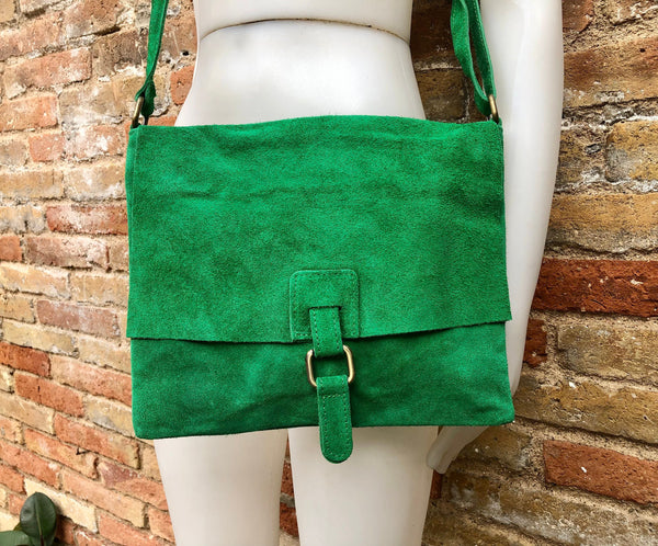 GREEN suede leather bag. Soft natural suede, genuine leather bag. Green messenger with zipper, flap and adjustable strap.