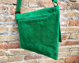 GREEN suede leather bag. Soft natural suede, genuine leather bag. Green messenger with zipper, flap and adjustable strap.
