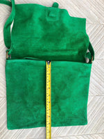 GREEN suede leather bag. Soft natural suede, genuine leather bag. Green messenger with zipper, flap and adjustable strap.