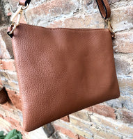 Small leather bag in BROWN .Cross body bag, shoulder bag or wristlet in GENUINE leather. Dark camel bag with adjustable strap. Brown purse.