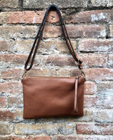 Small leather bag in BROWN .Cross body bag, shoulder bag or wristlet in GENUINE leather. Dark camel bag with adjustable strap. Brown purse.