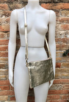 Small leather bag in GOLD .Cross body bag, shoulder bag or wristlet in GENUINE leather. Gold bag with adjustable strap. Gold leather purse