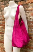 Large TOTE leather bag in hot pink. Magenta slouch bag in soft suede, genuine leather bag.Fuchsia pink leather shopper closed with a zipper