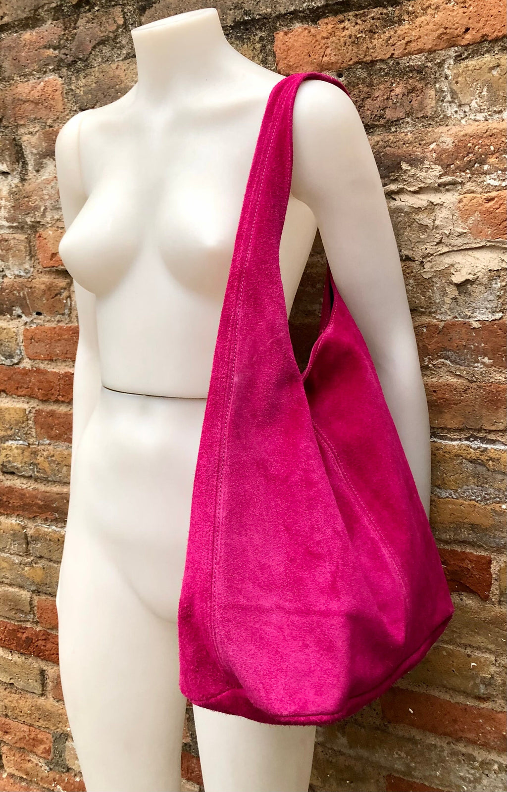 Large TOTE leather bag in hot pink. Magenta slouch bag in soft suede, genuine leather bag.Fuchsia pink leather shopper, Pink suede bag