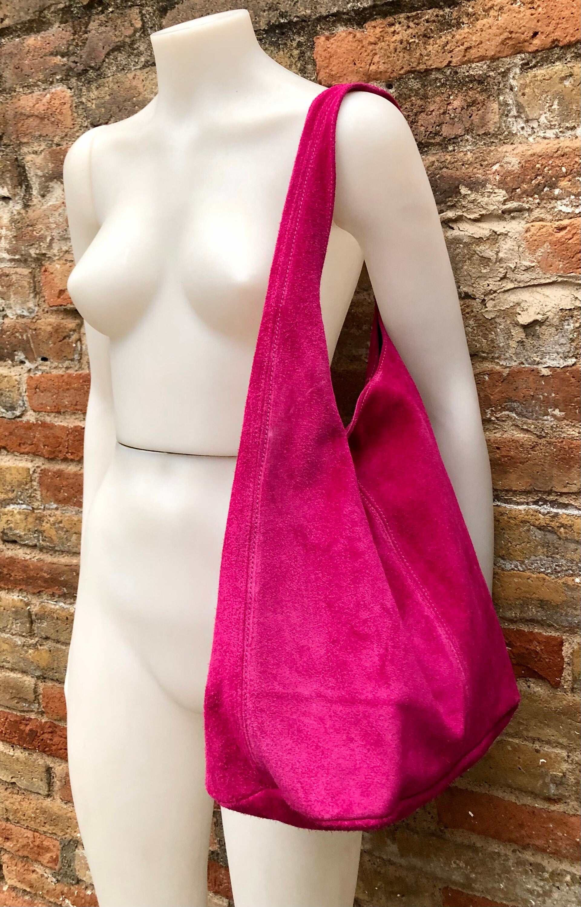 Large TOTE leather bag in hot pink. Magenta slouch bag in soft suede, genuine leather bag.Fuchsia pink leather shopper, Pink suede bag