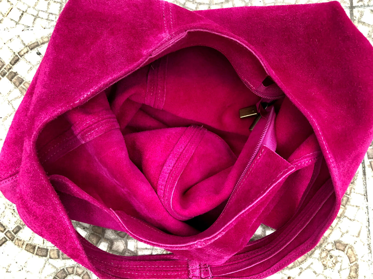 Large TOTE leather bag in hot pink. Bright pink slouch bag in soft suede, genuine leather bag.Fuchsia leather shopper closed with a zipper