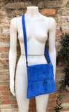 Messenger bag in genuine suede leather. Bright BLUE cross body bag. Boho suede bag with zipper and flap. Tablet or book bag in BLUE