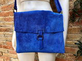 Messenger bag in genuine suede leather. Bright BLUE cross body bag. Boho suede bag with zipper and flap. Tablet or book bag in BLUE