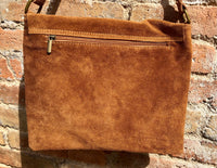 Cross body suede bag.Genuine leather bag in camel brown. BOHO Soft natural leather bag. BROWN messenger bag for books, tablets...