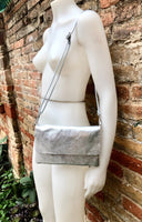 Small leather bag in SILVER. Cross body bag, shoulder bag in GENUINE leather. Metallic shine bag with adjustable strap, zipper and flap.