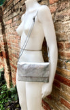 Small leather bag in SILVER. Cross body bag, shoulder bag in GENUINE leather. Metallic shine bag with adjustable strap, zipper and flap.