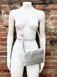 Small leather bag in SILVER. Cross body bag, shoulder bag in GENUINE leather. Metallic shine bag with adjustable strap, zipper and flap.