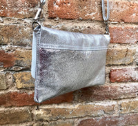 Small leather bag in SILVER. Cross body bag, shoulder bag in GENUINE leather. Metallic shine bag with adjustable strap, zipper and flap.