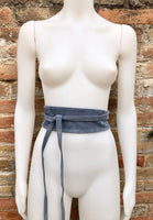 DENIM blue suede waist belt. Blue - gray wrap belt. Soft dress belt in natura genuinel suede leather. Blue - gray wraparound belt