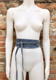 DENIM blue suede waist belt. Blue - gray wrap belt. Soft dress belt in natura genuinel suede leather. Blue - gray wraparound belt