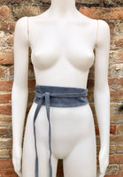 DENIM blue suede waist belt. Blue - gray wrap belt. Soft dress belt in natura genuinel suede leather. Blue - gray wraparound belt