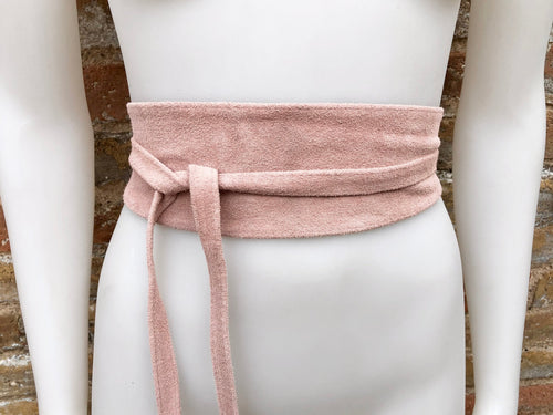 Pink suede OBI belt. Genuine soft leather wrap belt. Light pink wrap belt, boho waist belt. Soft pink suede dress / overall belt