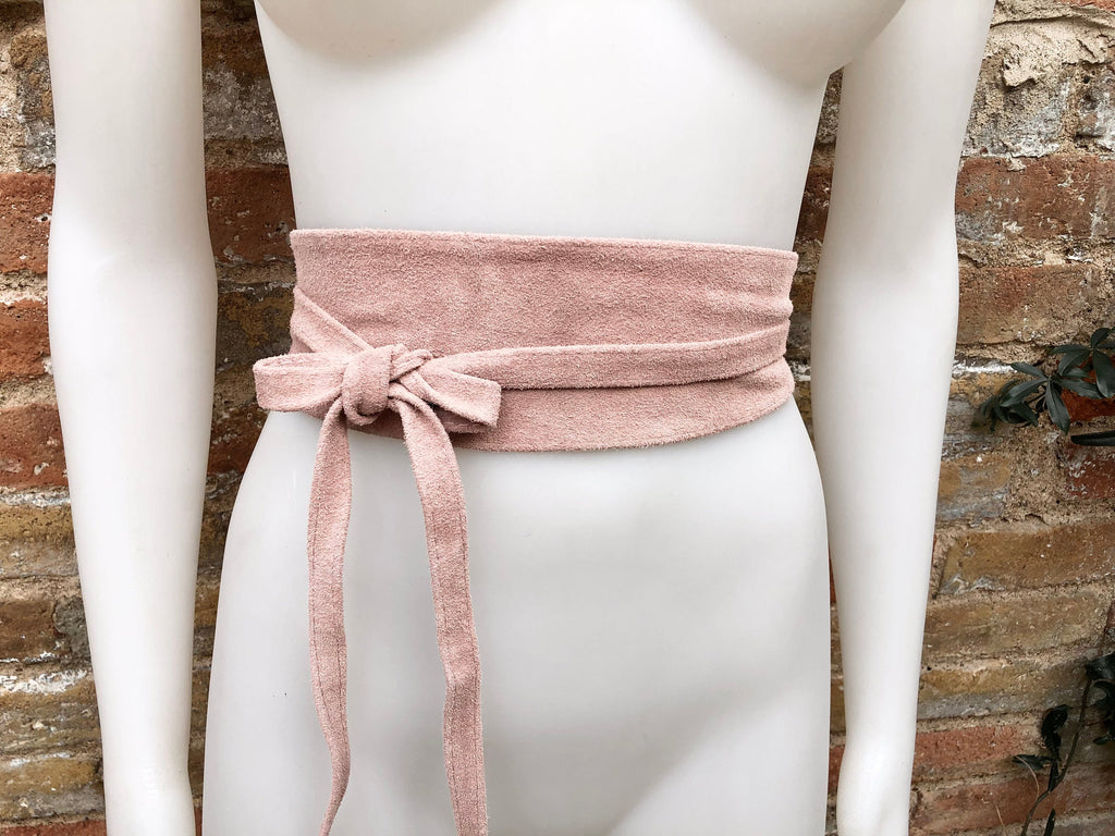 Pink suede OBI belt. Genuine soft leather wrap belt. Light pink wrap belt, boho waist belt. Soft pink suede dress / overall belt